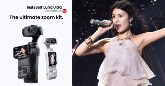 An advertisement for the Insta360 Luna Ultra zoom kit shows two handheld gimbal cameras next to a photograph of a woman singing into a microphone on stage.