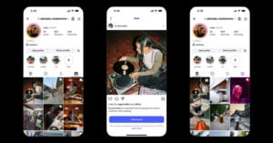 Three Instagram interface screens showing a user profile, a post being added to a grid, and the updated profile grid.