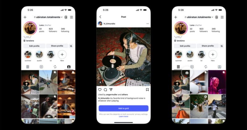 Three Instagram interface screens showing a user profile, a post being added to a grid, and the updated profile grid.