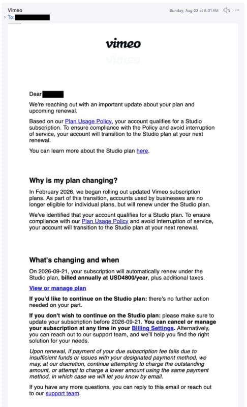 An email from Vimeo notifying the recipient that their subscription will automatically transition to a Studio plan on 2026-09-21.