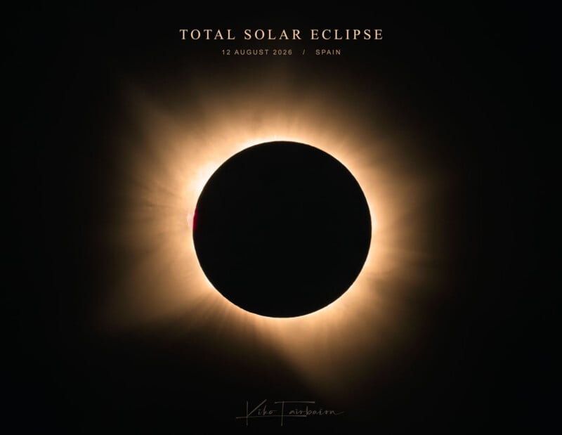 A total solar eclipse against a black background, with text reading "TOTAL SOLAR ECLIPSE 12 AUGUST 2026 / SPAIN" at the top.