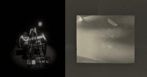 A split-screen view shows a person weaving at a loom in a dark, spotlighted room on the left, and a close-up of scattered thread scraps on a textured surface on the right.