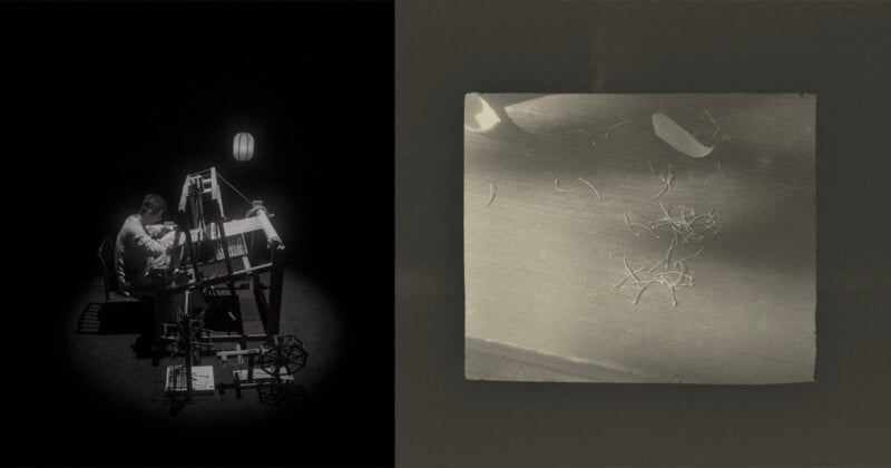 A split-screen view shows a person weaving at a loom in a dark, spotlighted room on the left, and a close-up of scattered thread scraps on a textured surface on the right.