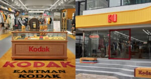 A split-view image shows the interior and exterior of a Kodak-branded retail store, featuring yellow accents, clothing displays, and film-themed signage.
