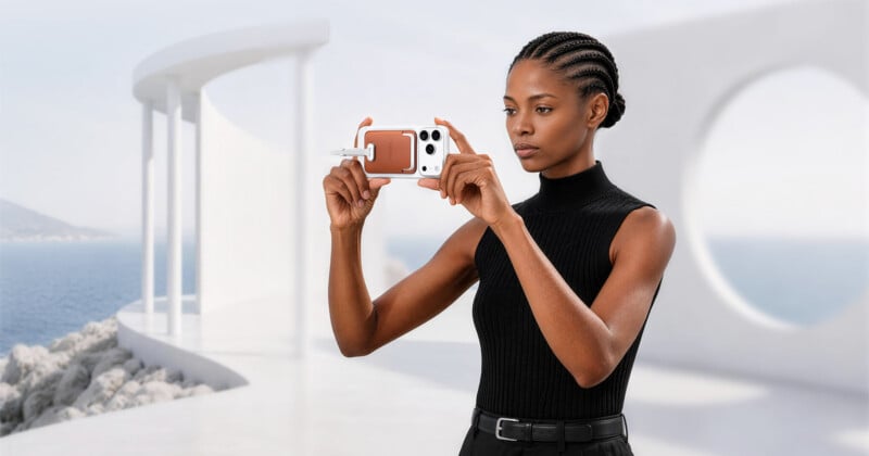 A woman with braided hair wearing a black sleeveless turtleneck holds a white smartphone with a brown magnetic accessory attached.