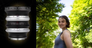 A Joseph Petzval Métamorphose 35 f/1.8 lens is displayed next to a portrait of a woman with a swirly, blurred background.