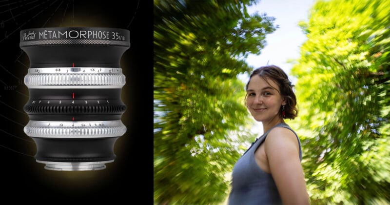 A Joseph Petzval Métamorphose 35 f/1.8 lens is displayed next to a portrait of a woman with a swirly, blurred background.
