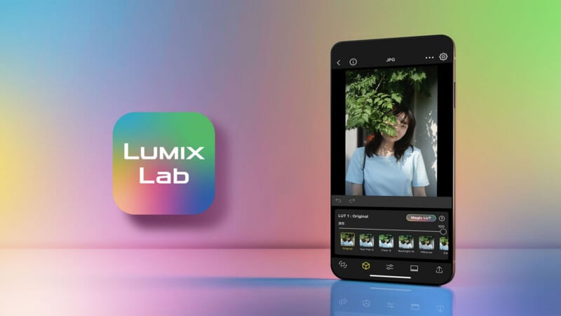 A smartphone displays the Lumix Lab app interface, showing a photo editing screen with a list of LUT filters, next to the app's colorful square icon on a gradient background.
