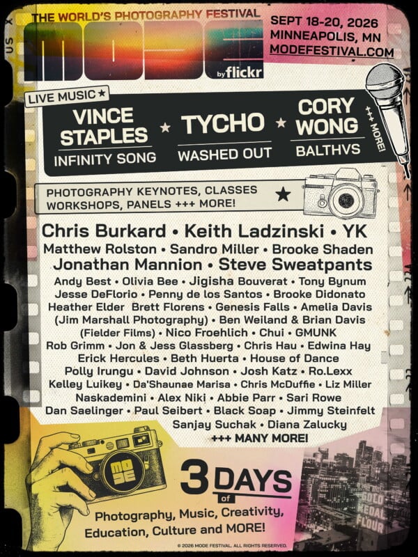 A poster for the Mode photography festival in Minneapolis, MN, held September 18-20, 2026, featuring a list of musical acts and speakers.