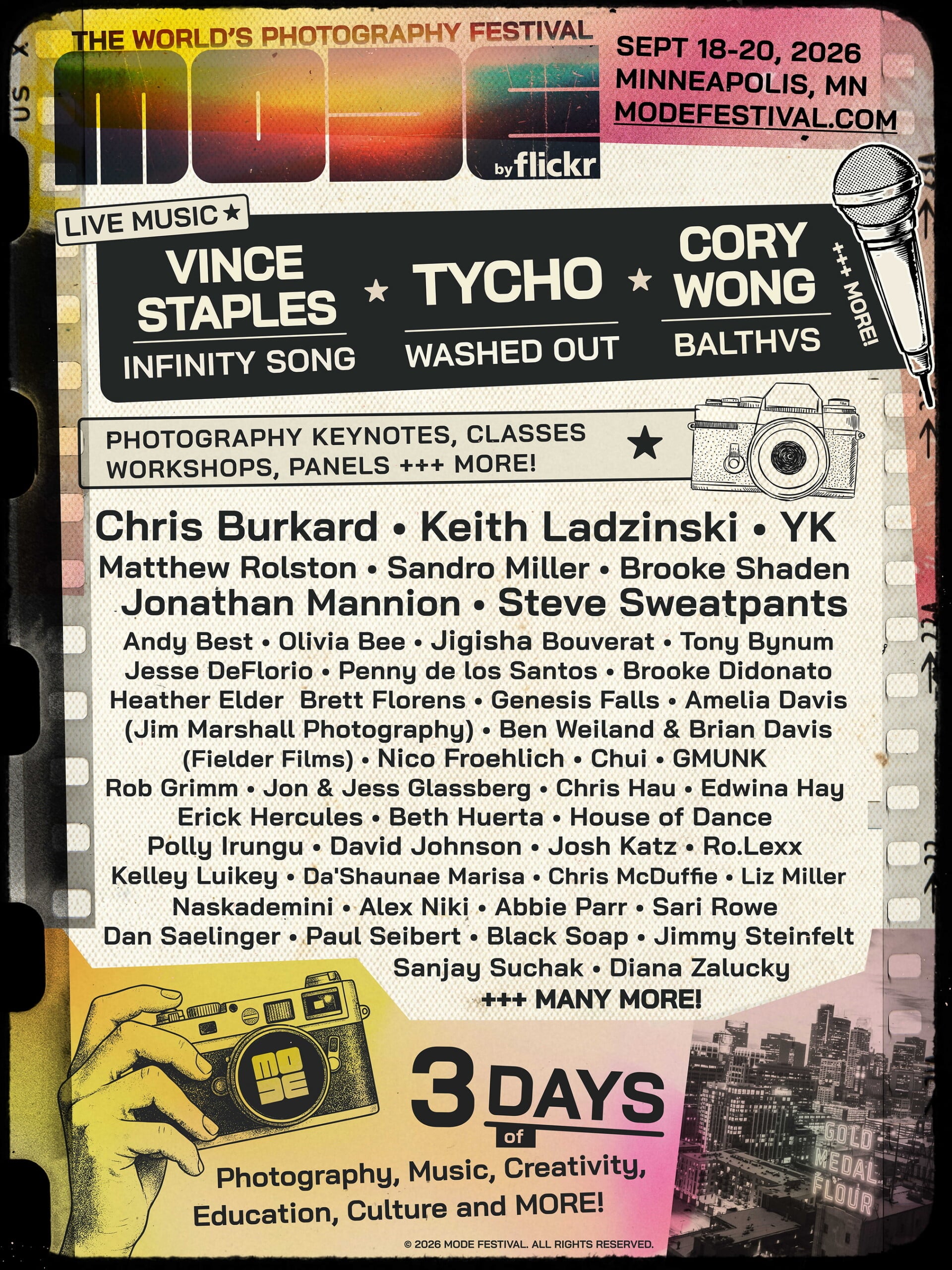 A poster for the Mode photography festival in Minneapolis, MN, held September 18-20, 2026, featuring a list of musical acts and speakers.