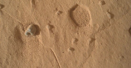 A close-up view of a dusty, orange-toned Martian surface featuring scattered small rocks, shallow depressions, and faint linear tracks.