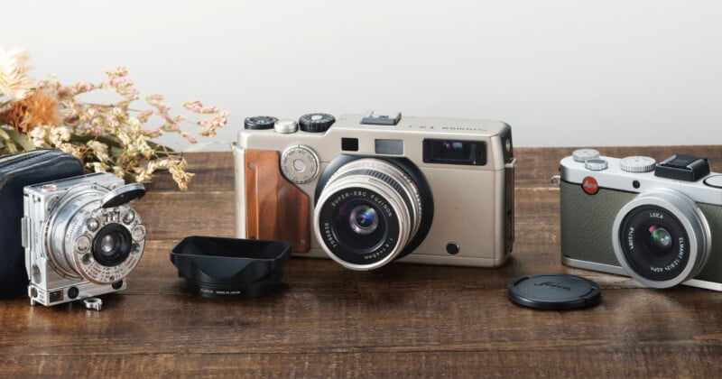 Three vintage cameras and a lens hood sit on a wooden table next to a small bouquet of dried flowers.