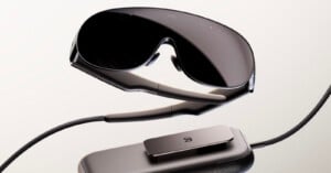 A pair of sleek, dark-tinted smart glasses with a connected external battery pack featuring an infinity symbol logo.