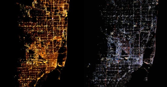 A side-by-side comparison of a city at night, showing the same area illuminated by warm, orange-toned sodium lights on the left and cooler, blue-toned LED lights on the right.
