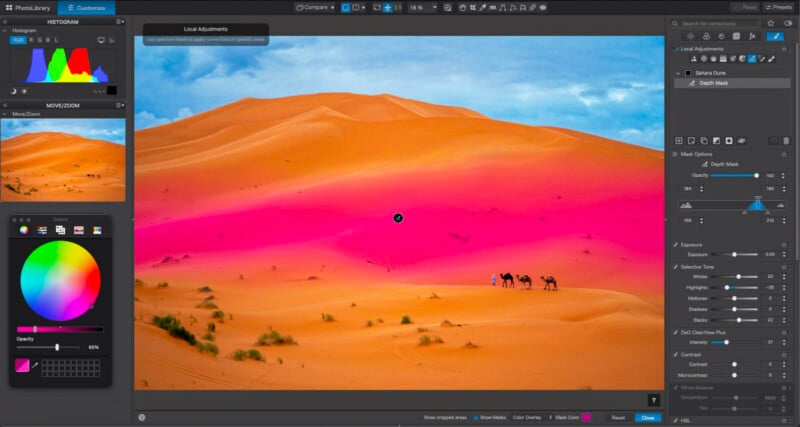 A computer screen displays a photo editing interface with a desert landscape featuring camels, where a pink overlay mask highlights a specific depth range on the sand dunes.