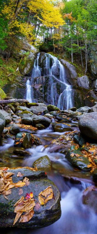 A multi-tiered waterfall cascades over dark, mossy rocks into a stream filled with smooth stones and fallen autumn leaves.