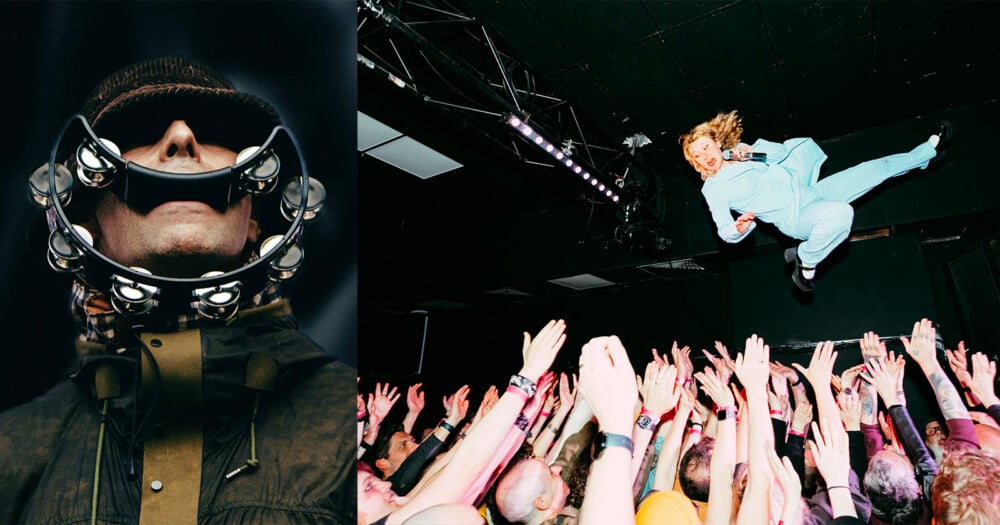 A split-screen image showing Liam Gallagher holding a tambourine to his face on the left and a performer crowd-surfing on the right.