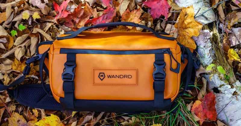 An orange WANDRD camera bag sits on a bed of fallen autumn leaves.
