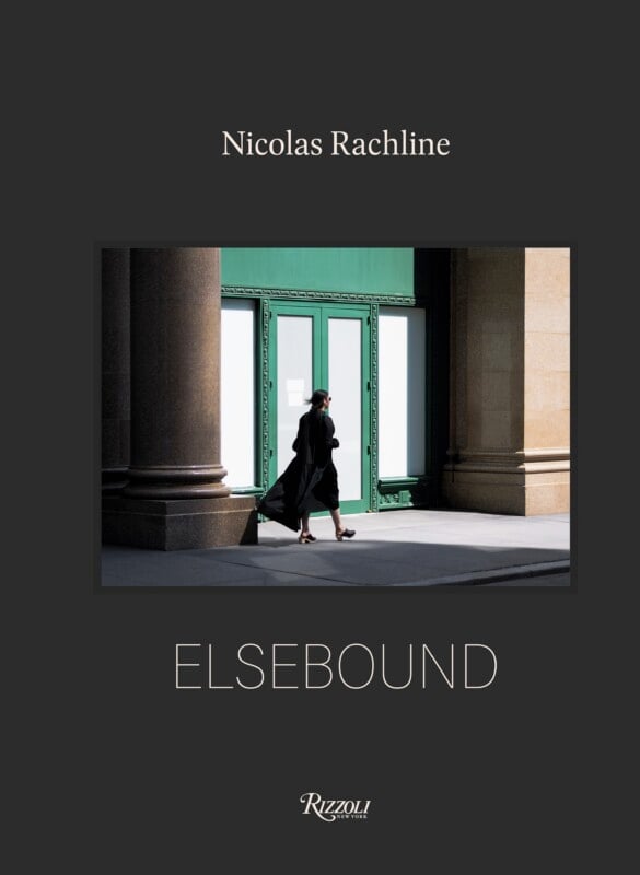 The book cover for "Elsebound" by Nicolas Rachline features a photograph of a person in a black dress walking past a green storefront framed by large stone columns.
