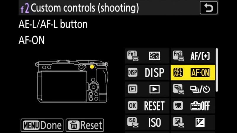 A digital camera menu screen titled "Custom controls (shooting)" showing the AE-L/AF-L button currently set to "AF-ON" with a diagram of the camera body.