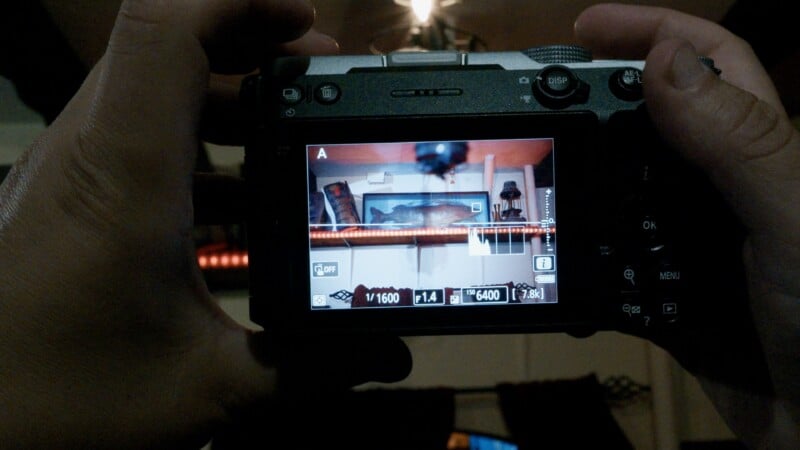 A person holds a digital camera, displaying a live view of a shelf with a fish specimen on its screen, with settings showing 1/1600 shutter speed, f/1.4 aperture, and ISO 6400.
