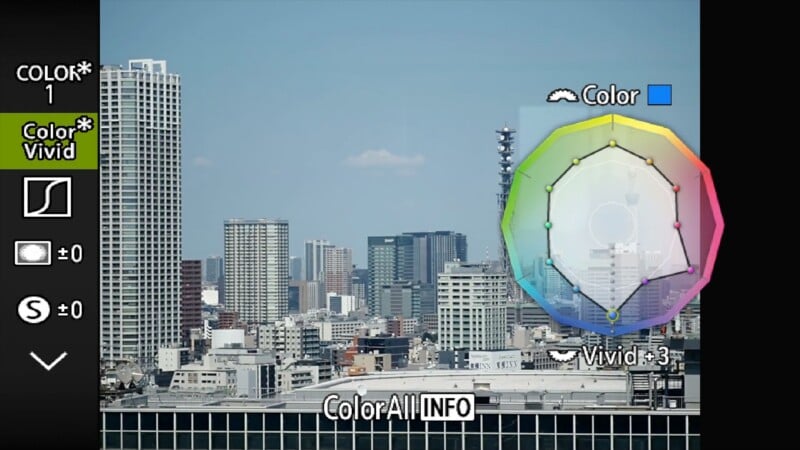 A digital camera menu overlay displays color settings over a cityscape, featuring a color adjustment wheel with a "Vivid +3" setting selected.