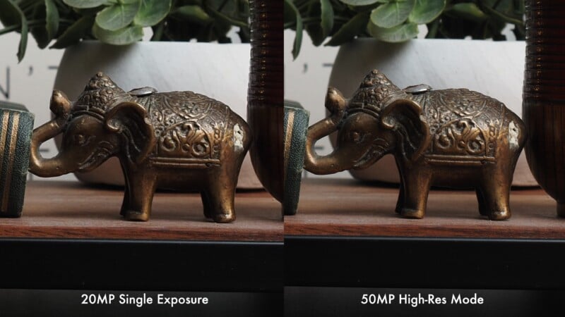 A side-by-side comparison of a bronze elephant figurine, labeled "20MP Single Exposure" on the left and "50MP High-Res Mode" on the right.