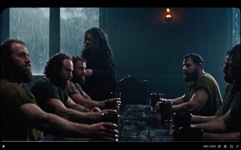 A group of bearded men in rustic clothing sit around a long wooden table in a dimly lit room, with a woman standing in the background.
