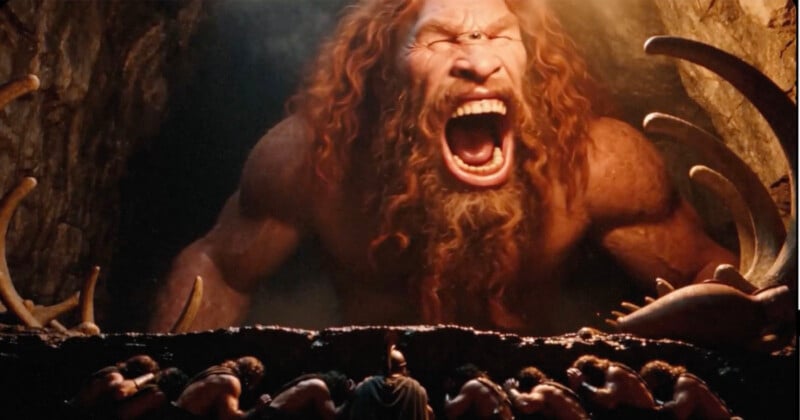 A giant, red-bearded cyclops roars at a group of armored warriors standing in a dark cave.