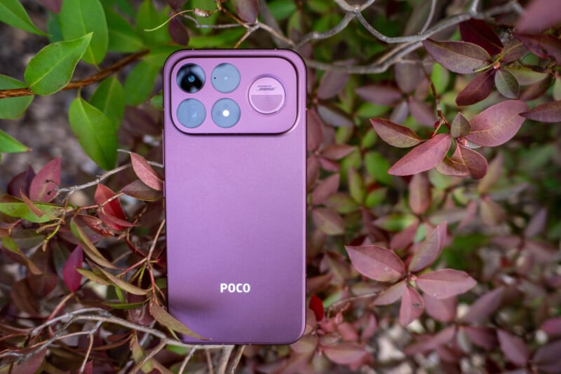 A purple POCO smartphone with a multi-lens camera array and a "Sound by Bose" speaker grille on the back, resting among green and reddish-brown leaves.