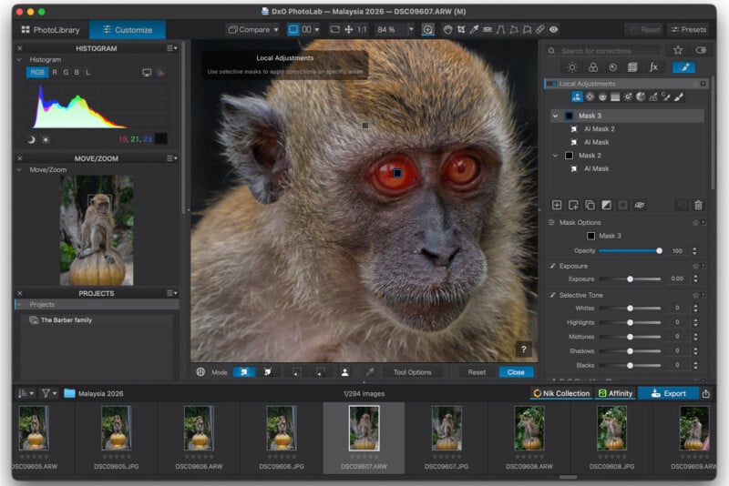 A screenshot of DxO PhotoLab software showing a close-up edit of a monkey's face with red-eye correction masks applied.