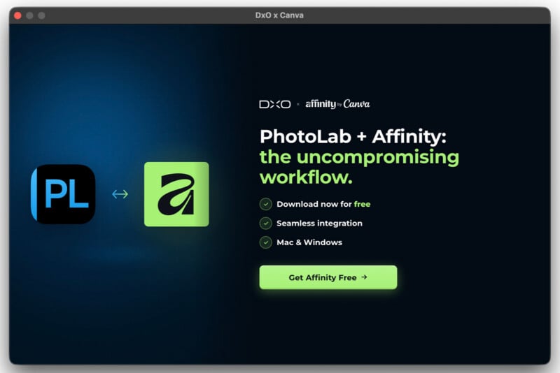 A promotional window for DxO and Affinity by Canva featuring their logos, a workflow description, and a button to get Affinity for free.