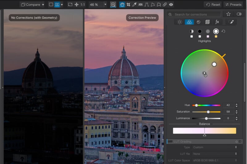 A split-screen view of a photo editing software interface showing a dark original image on the left and a color-corrected version on the right, with a color grading wheel and adjustment sliders visible on the right sidebar.