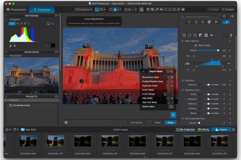 A screenshot of the DxO PhotoLab software interface showing a photo editing workspace with a depth mask applied to a monument.