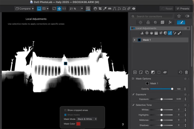 A screenshot of the DxO PhotoLab software interface showing a black-and-white mask applied to a building silhouette in the Local Adjustments panel.