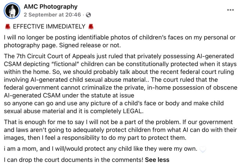 A Facebook post from AMC Photography announcing a policy to stop posting photos of children's faces due to concerns about AI.