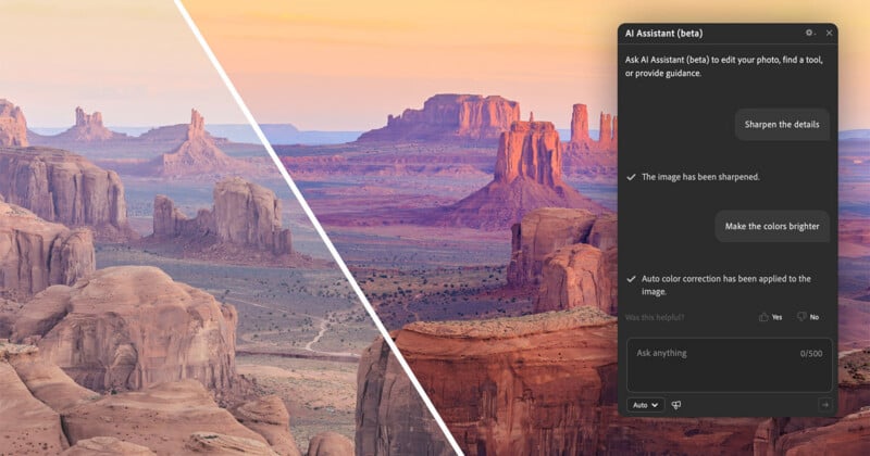 A split-screen view of a desert landscape shows an original image on the left and an edited version on the right, with an AI Assistant chat window overlaying the right side.