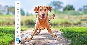 A golden-brown dog stands on a dirt path, outlined by a dashed selection line, with an AI editing toolbar visible on the left.