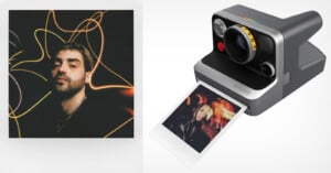 A square portrait of a man with light trails on the left, and a Polaroid camera ejecting a blurry photo on the right.