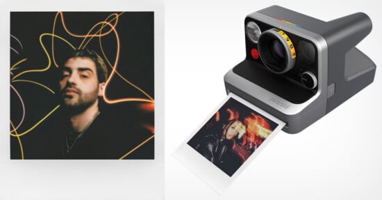 A square portrait of a man with light trails on the left, and a Polaroid camera ejecting a blurry photo on the right.