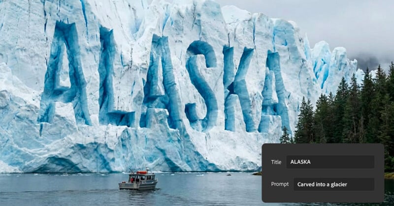 A small boat travels on water in front of a massive glacier with the word "ALASKA" carved into its ice face.