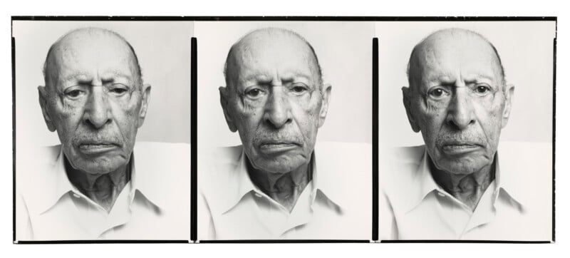 A triptych of black-and-white portraits showing the same elderly man with a mustache, wearing a white collared shirt.