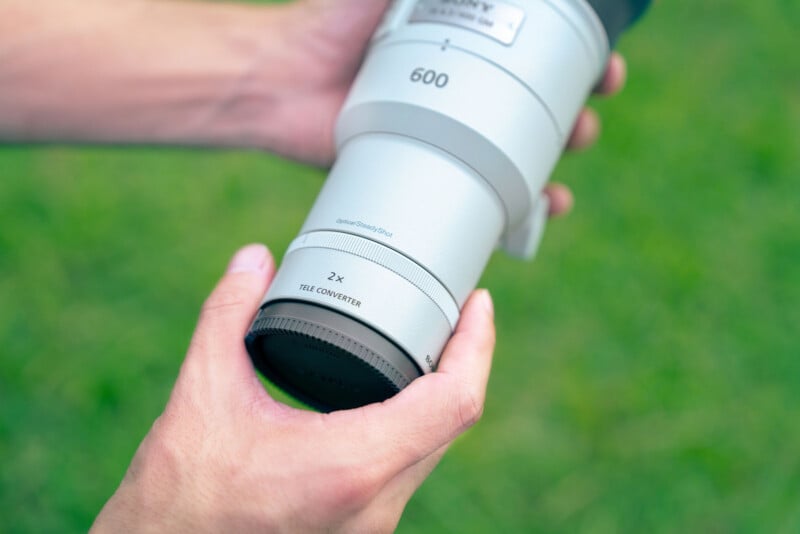 A person holds a white telephoto camera lens with a 2x teleconverter attached, against a blurred green grass background.
