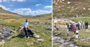A split-screen image shows a man sitting on a rock by a stream in a grassy, mountainous landscape on the left, and a group of people standing near the same stream on the right.