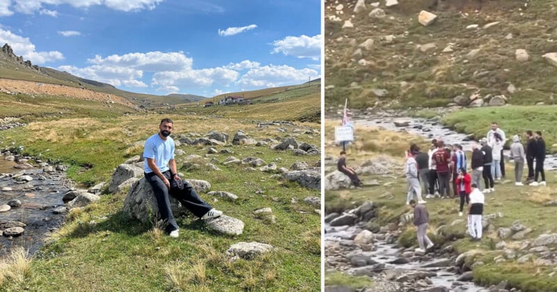 A split-screen image shows a man sitting on a rock by a stream in a grassy, mountainous landscape on the left, and a group of people standing near the same stream on the right.