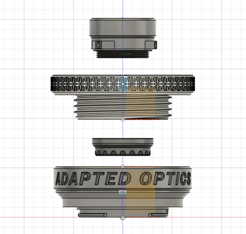 An exploded view of four mechanical components aligned vertically on a grid, with the text "ADAPTED OPTICS" engraved on the bottom piece.