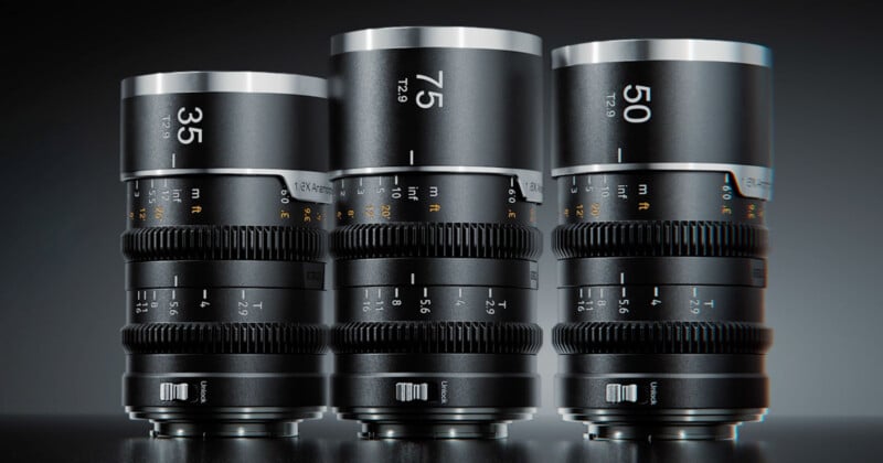 Three black cinema lenses stand side-by-side on a dark surface, labeled with focal lengths of 35, 75, and 50.