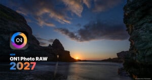 A sunset over a rocky coastline with the text "NEW ON1 Photo RAW 2027" and a colorful circular logo on the left.