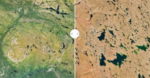 A split-screen satellite view showing a green, river-filled landscape on the left and a rocky, lake-dotted terrain on the right.