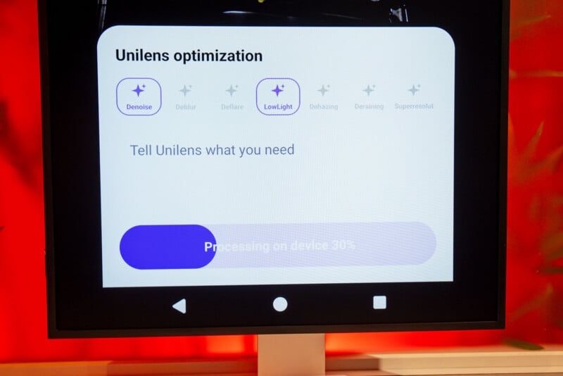 A screen displays the Unilens optimization interface with options for Denoise, Deblur, Deflare, LowLight, Dehazing, Deraining, and Superresolution, showing a progress bar at 30 percent.
